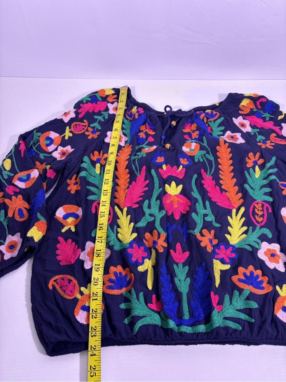 Soft Surroundings Embroidered Peasant Blouse Navy Floral Boho XL - Picture 4 of 8